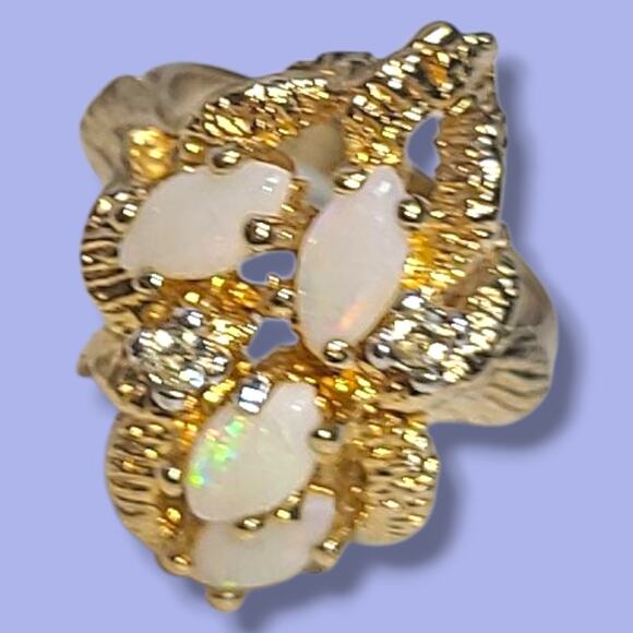 Vintage 18K HGE Gold Plated 4 White Opals & CZ Cocktail Ring Size 4.5 - Picture 13 of 16